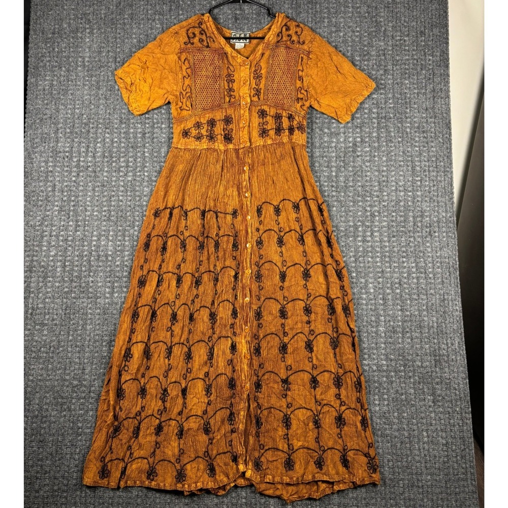 Vintage M.P.H. Embroidered Crinkle Rayon Button Front Maxi Dress L Boho 90's